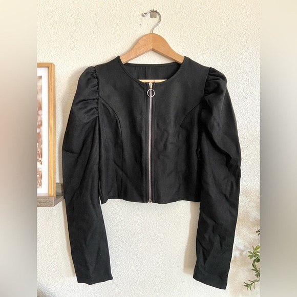 Black puffed sleeve zip up blazer jacket - Picture 2 of 8